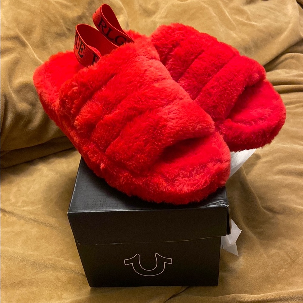 Red Furry Slide Sandals